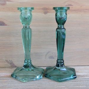Fenton Glass Sea Mist Green Candlesticks Holders Pair- Engraved Signature